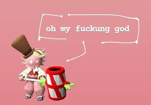 A PNG of Wafer in a pink background and a speech bubble from him that says, "oh my fuckung god."